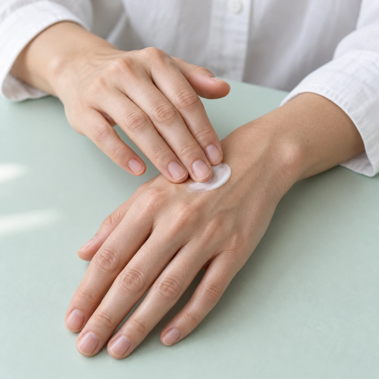 Applying hand cream to the back of a hand