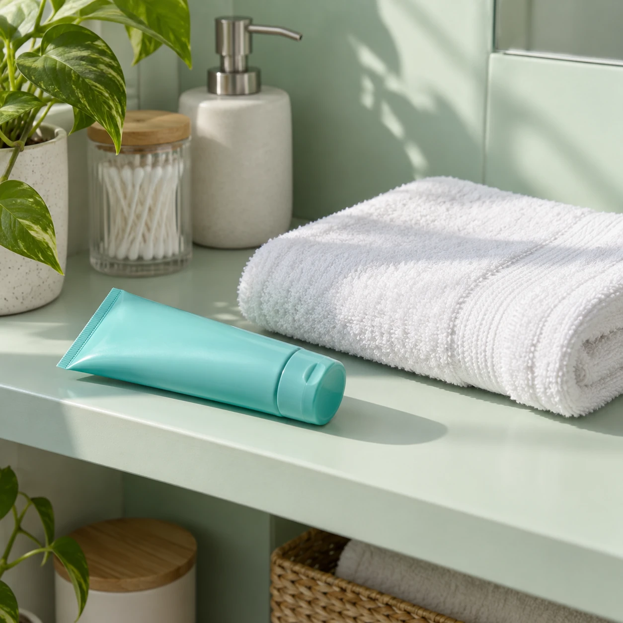 Illustrative hand cream tube beside a folded hand towel