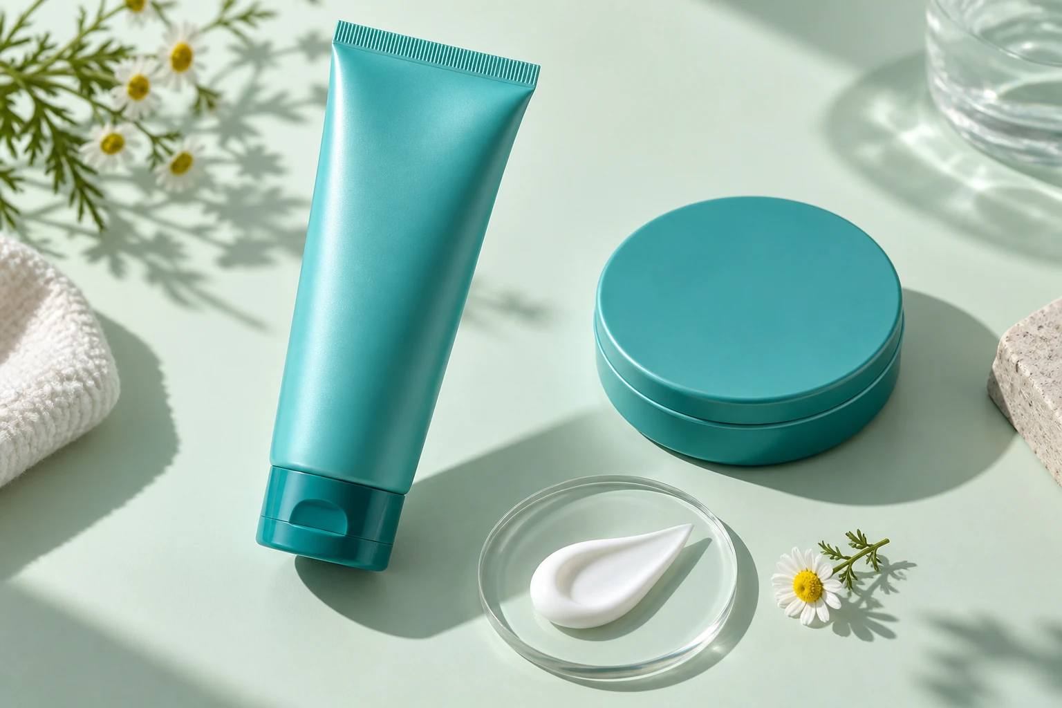 Illustrative hand cream tube and tin with a cream texture and chamomile